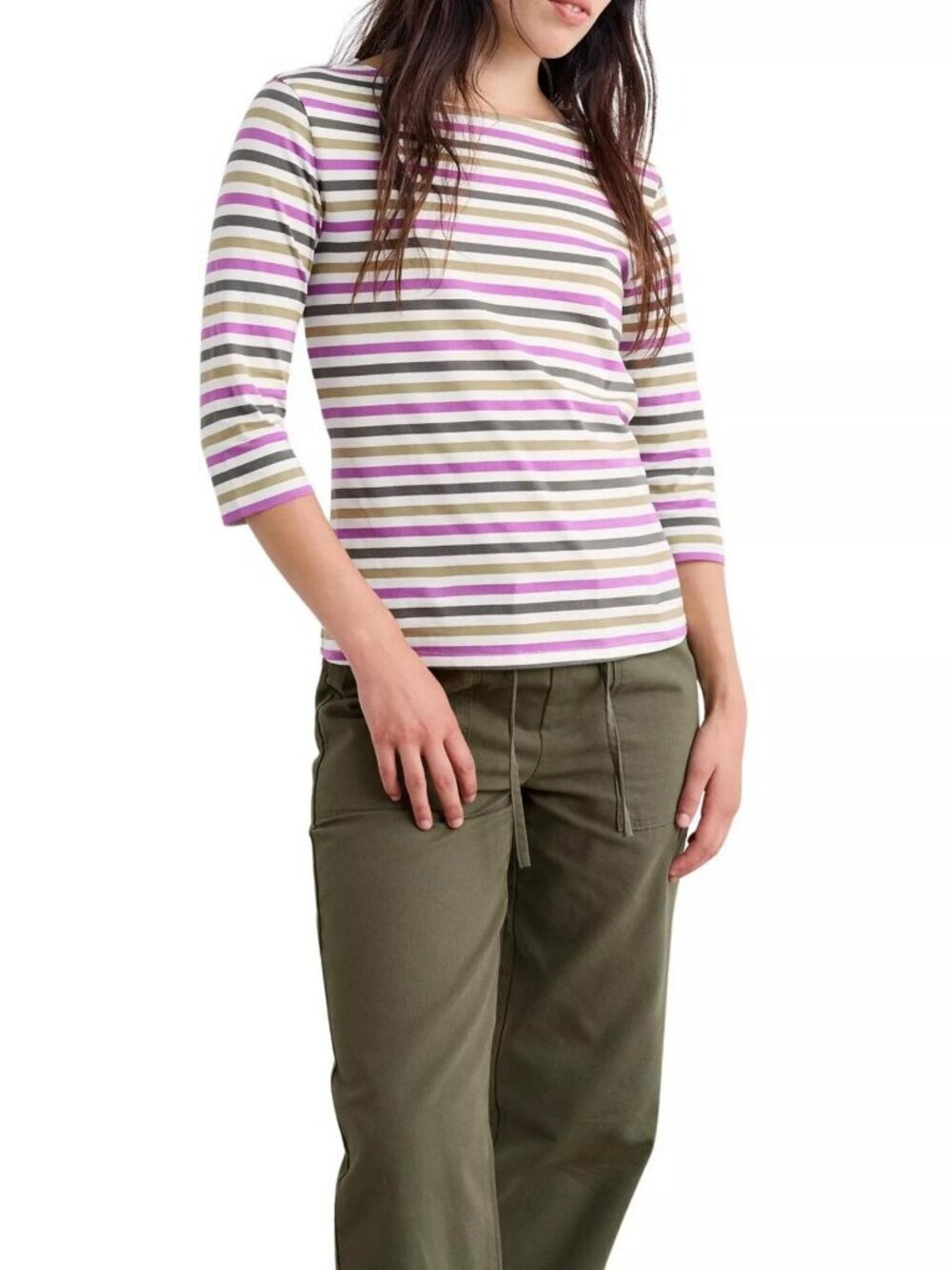 Nautical Coastal Preppy Seasalt Cornwall Striped Top Green Purple White US 8